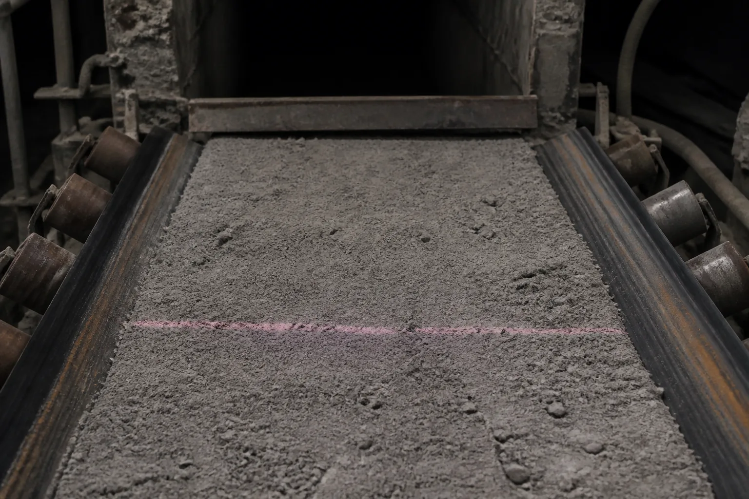 Marked filter cake on a belt before an unlit transfer chute