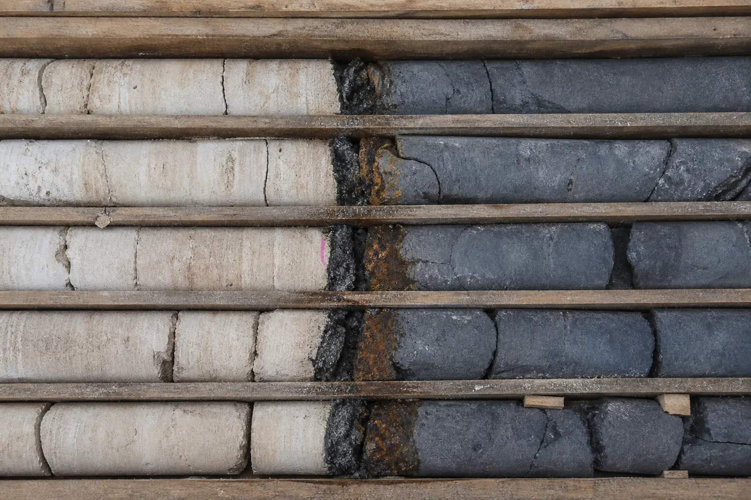 Drill-core run crossing a mineral-filled clay fault gouge interval
