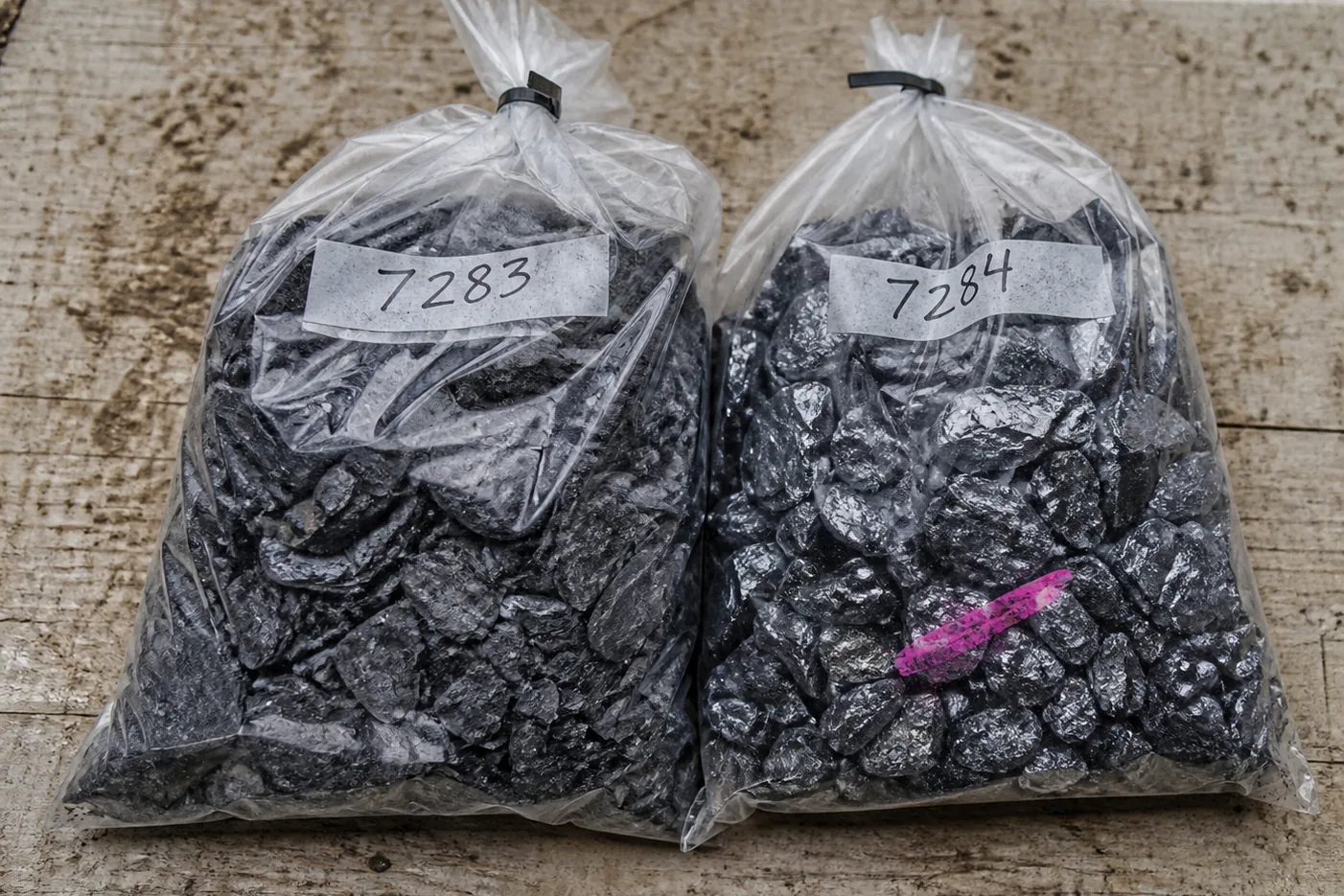 Adjacent graphite-rich and magnetite-rich crushed-rock sample bags
