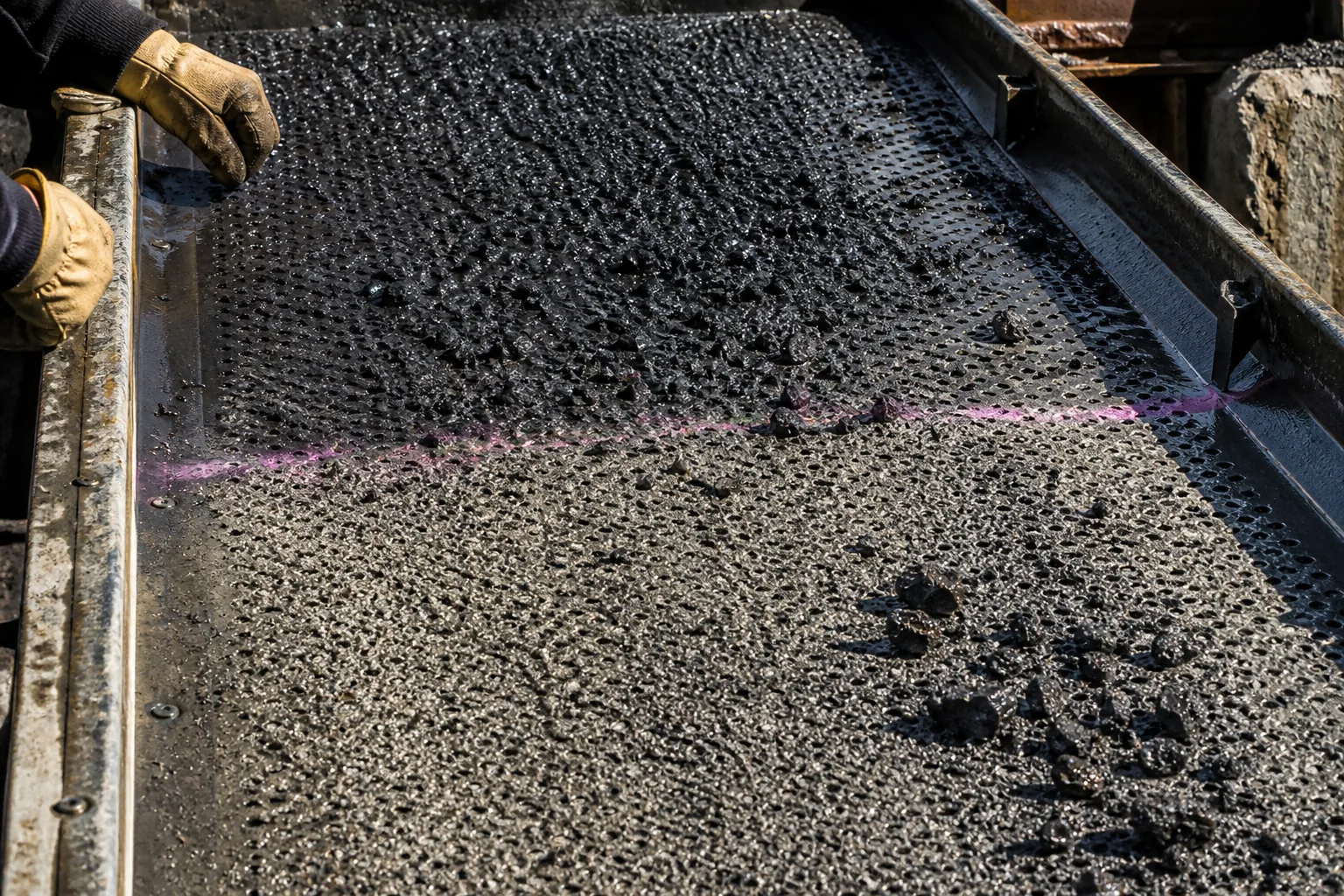 Marked screen deck separating crushed ore into fines