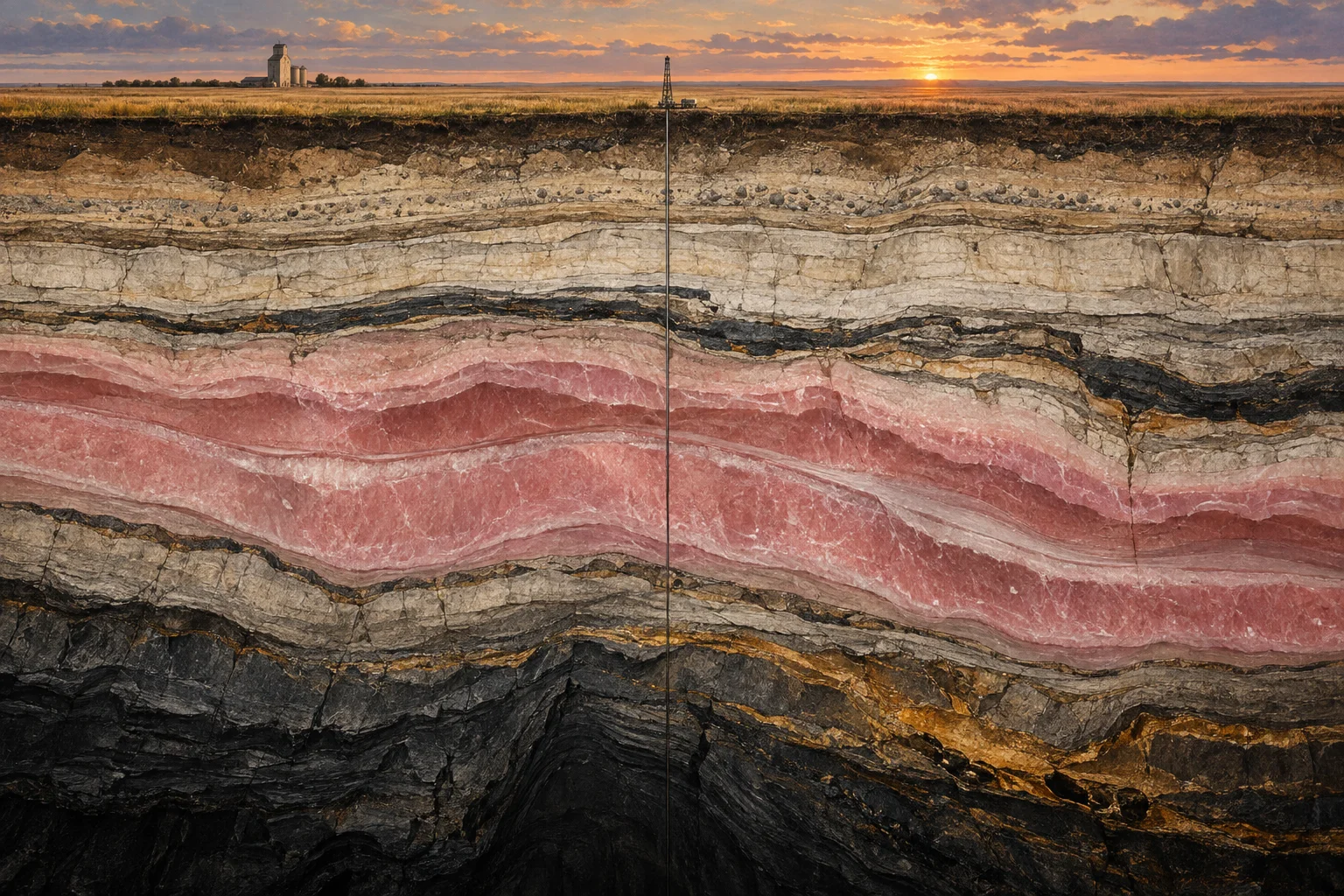 A quiet golden prairie above immense layers of pink salt, pale stone and dark fractured rock, crossed by a slender drill bore.